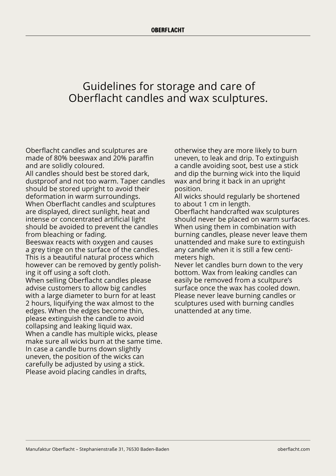 Guidelines for storage and care of Oberflacht candles and wax sculptures on a white background.