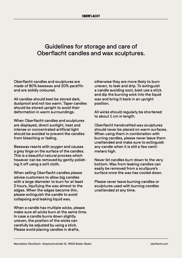 Oberflacht Guidelines for storage and care of candles and wax structures.
