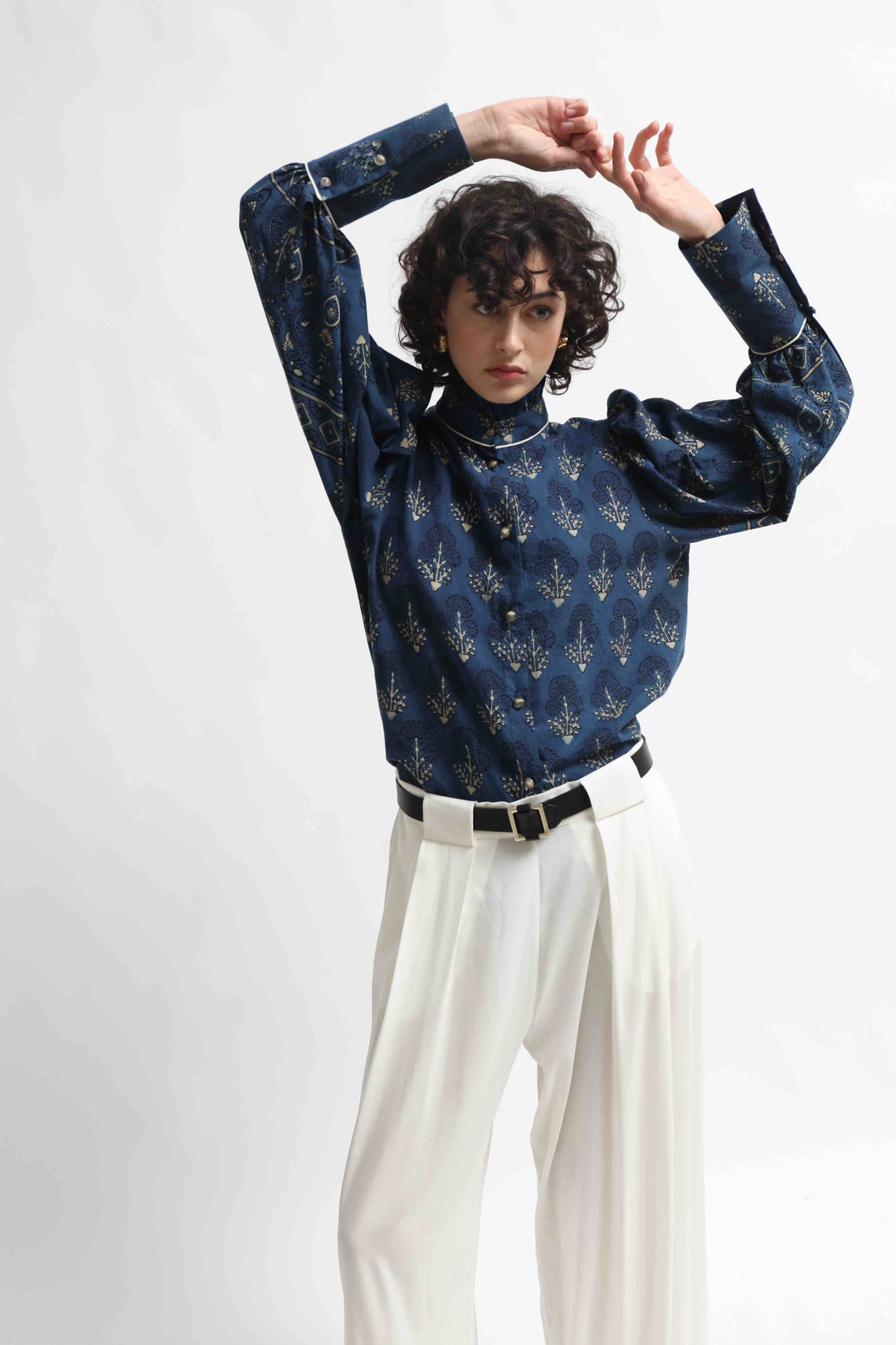 Karin blouse made from 100% organic cotton with Ajrakh blockprint in natural indigo blue, featuring volant detail, handcrafted by House of Nomad Stories.