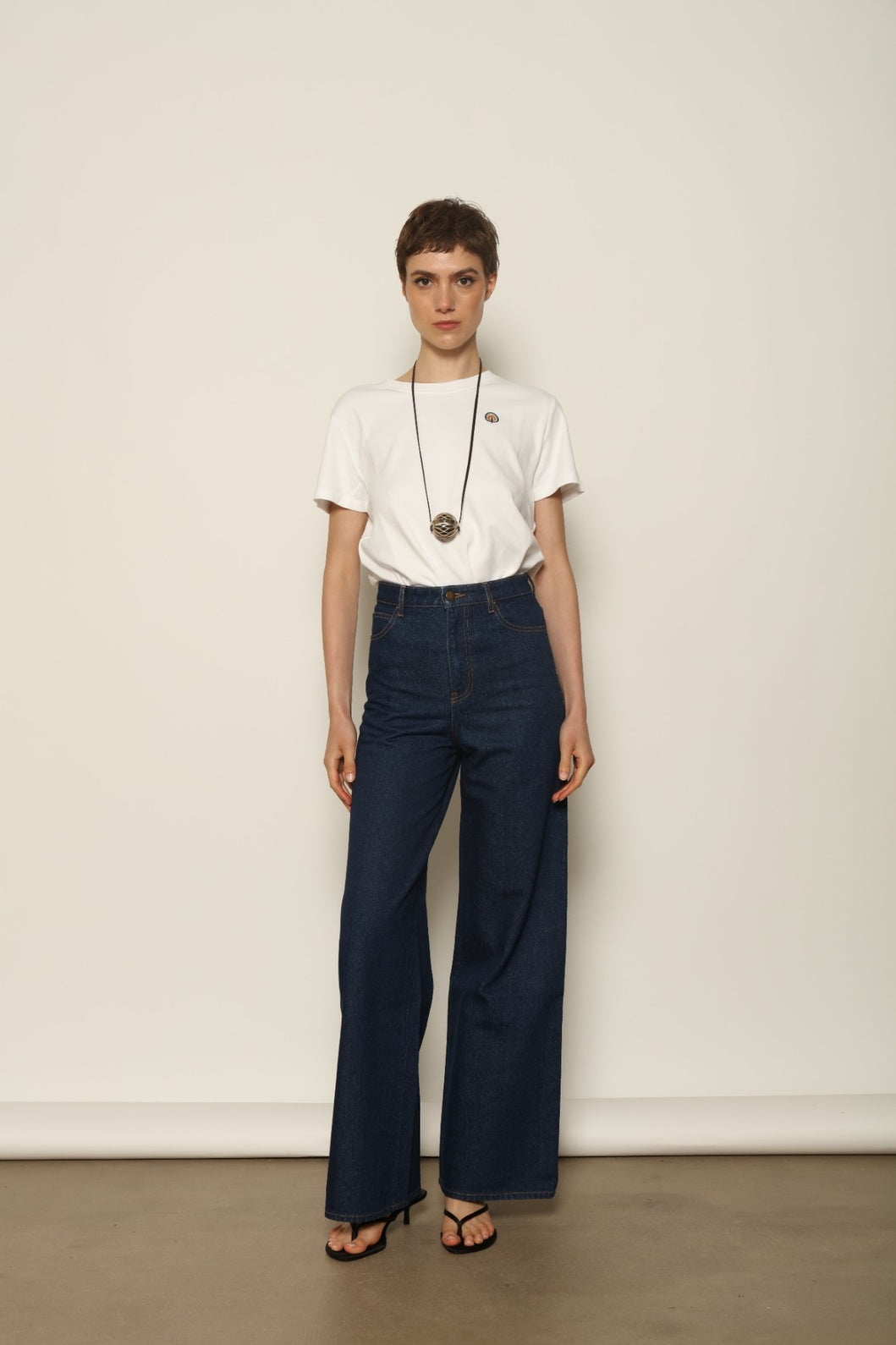 Front view of Le Pantalon Peacock by HAPPY HAUS, showing its high waist and timeless wide leg silhouette.