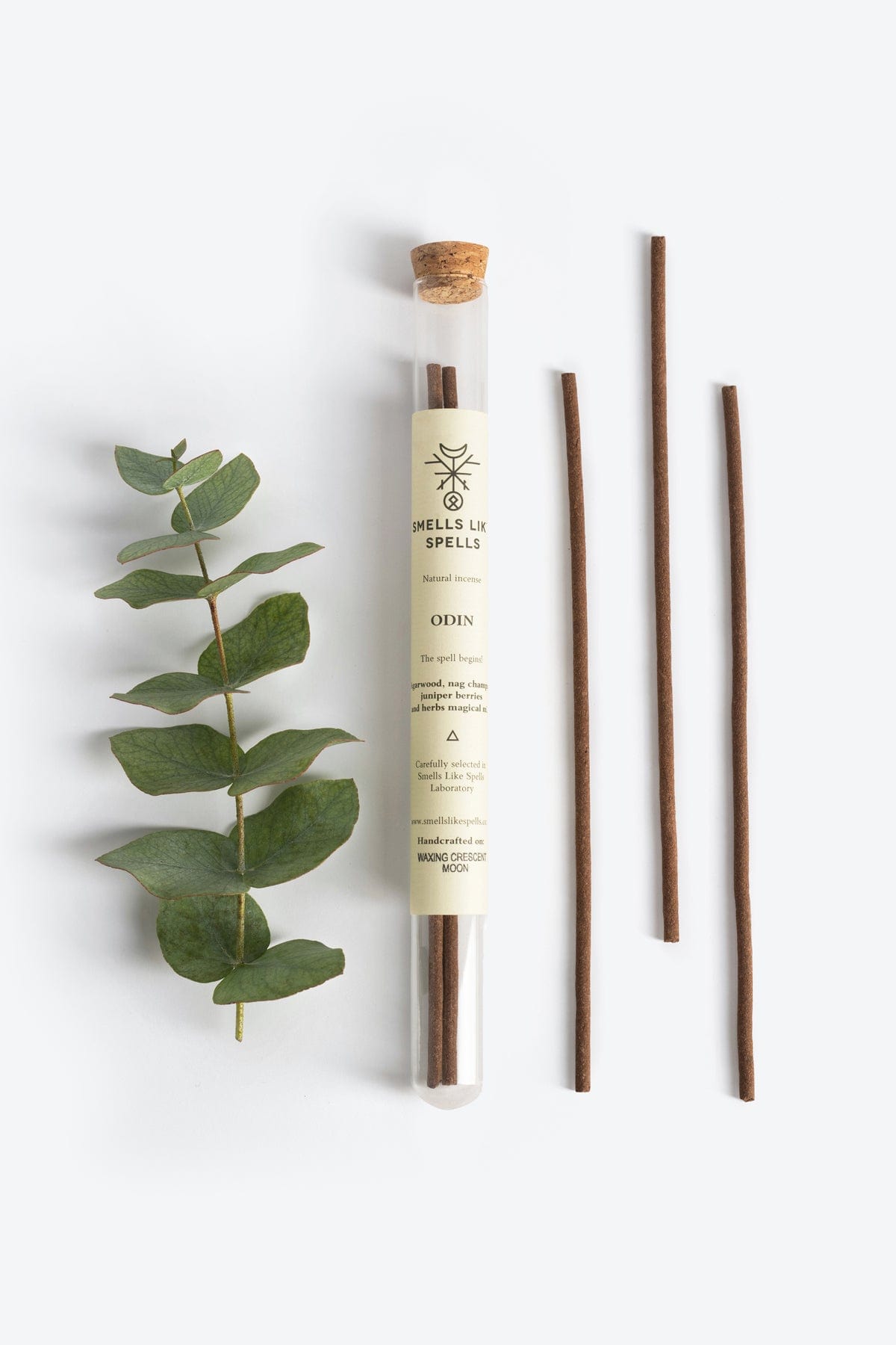 Natural handmade incense sticks with agarwood, nag champa, juniper berries, and wild herbs, designed for spiritual strength and protection inspired by Norse god Odin. Handcrafted by Smells Like Spells.