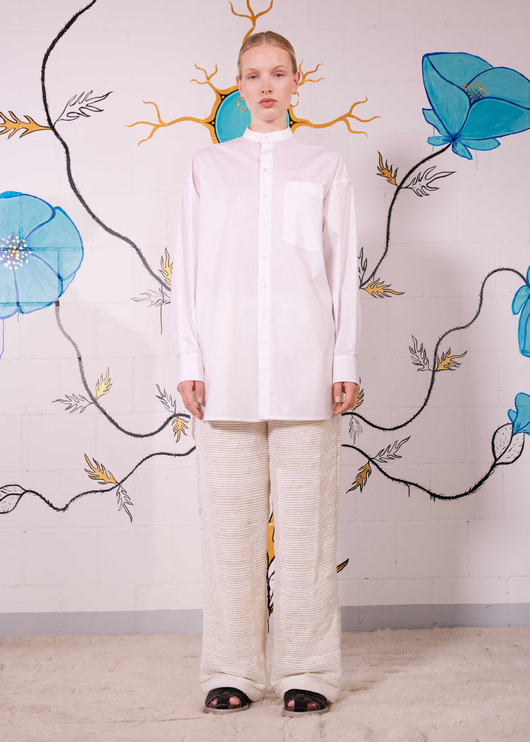 Paiwand Pajama Handloomed Cream Organic Cotton Trousers, front view with wide-leg silhouette and elasticated waist.