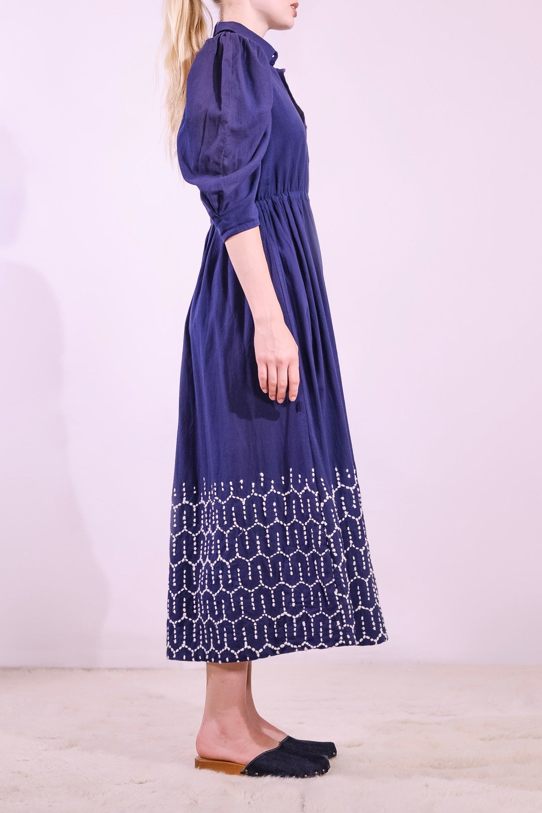 Sustainable puff sleeve dress in organic cotton with upcycled Indian jaal embroidery by Paiwand, handcrafted ethical fashion for everyday and occasion wear. 