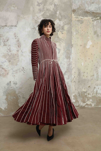 Ka-Sha Thakur Jacket made from hand-dyed Kala Cotton, featuring a maroon and white open-front design with intricate chording details. A timeless, artisanal piece blending traditional craftsmanship and modern style.