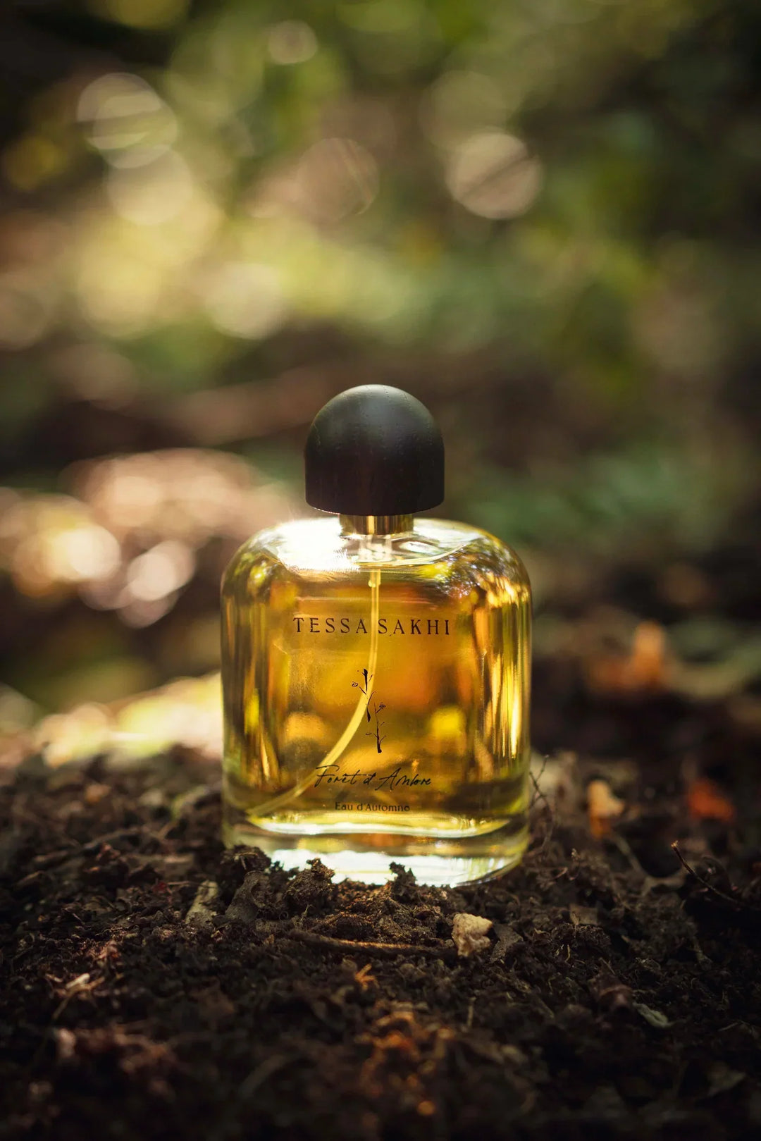 Bottle of Forêt d’Ambre – Eau d’Automne by Tessa Sakhi, a unisex amber and woody Eau de Parfum with notes of white pepper, patchouli, labdanum, tonka bean, and musk. A balancing and soothing fragrance curated by House of Nomad Stories.