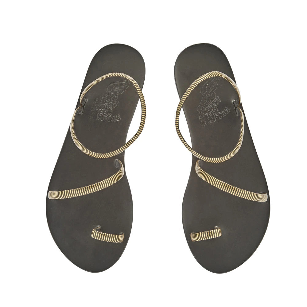 Eleftheria 70s Sandals in gold striped leather by Ancient Greek Sandals, handmade in Greece, part of the House of Nomad Stories selection