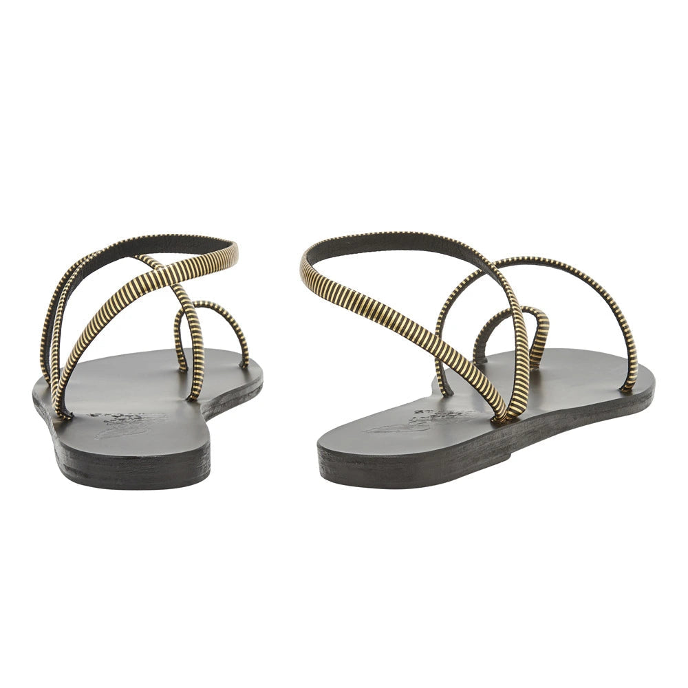 Eleftheria 70s Sandals in gold striped leather by Ancient Greek Sandals, handmade in Greece, part of the House of Nomad Stories selection
