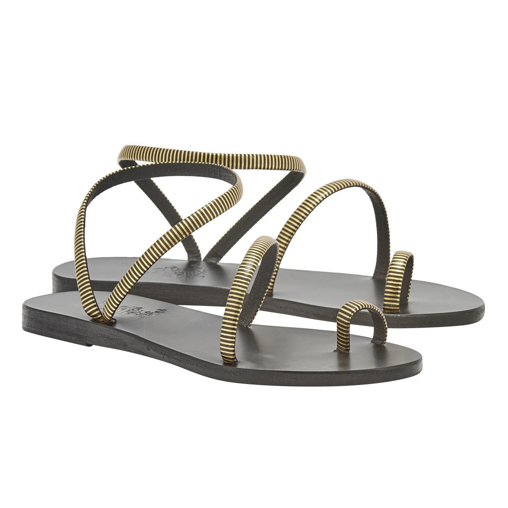 Eleftheria 70s Sandals in gold striped leather by Ancient Greek Sandals, handmade in Greece, part of the House of Nomad Stories selection