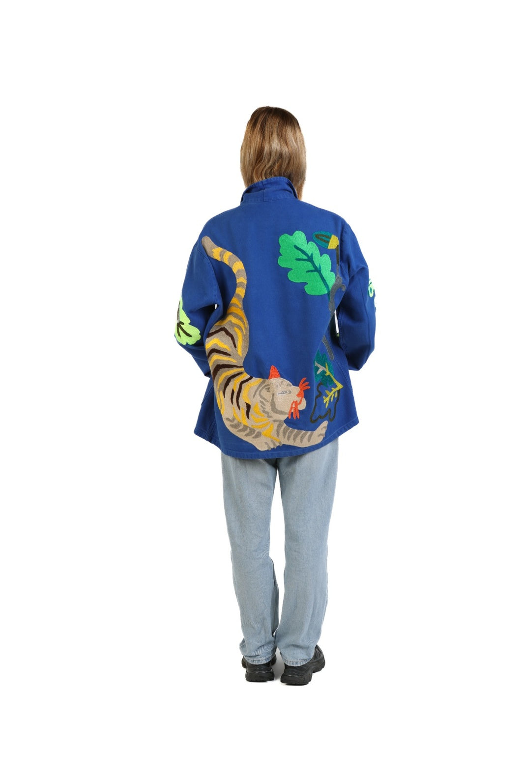 Bleu de Travail vintage French workwear jacket by Kilometre Paris, hand-embroidered with birds and flowers, part of the House of Nomad Stories selection.