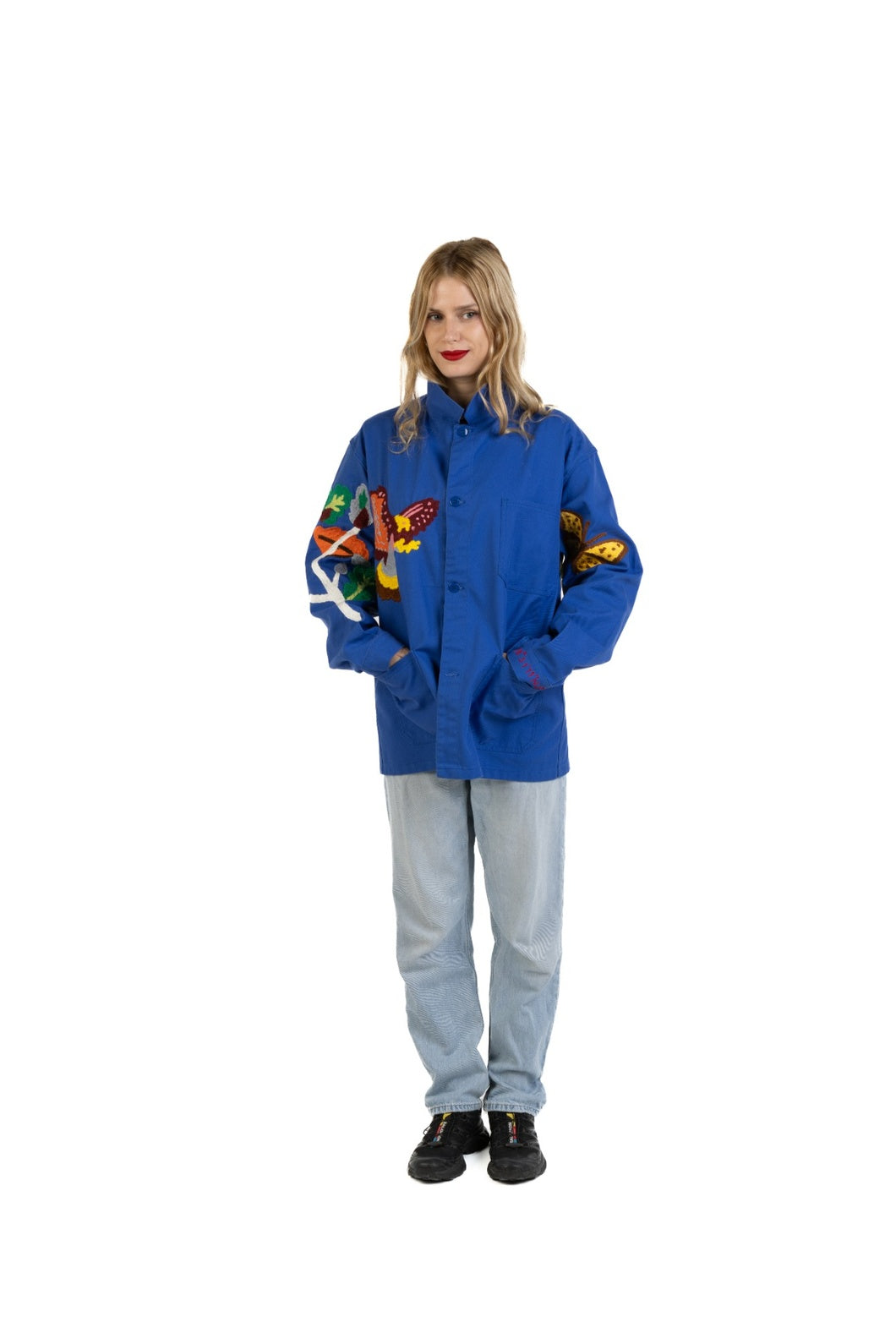 Bleu de Travail vintage French workwear jacket by Kilometre Paris, hand-embroidered with birds and flowers, part of the House of Nomad Stories selection.