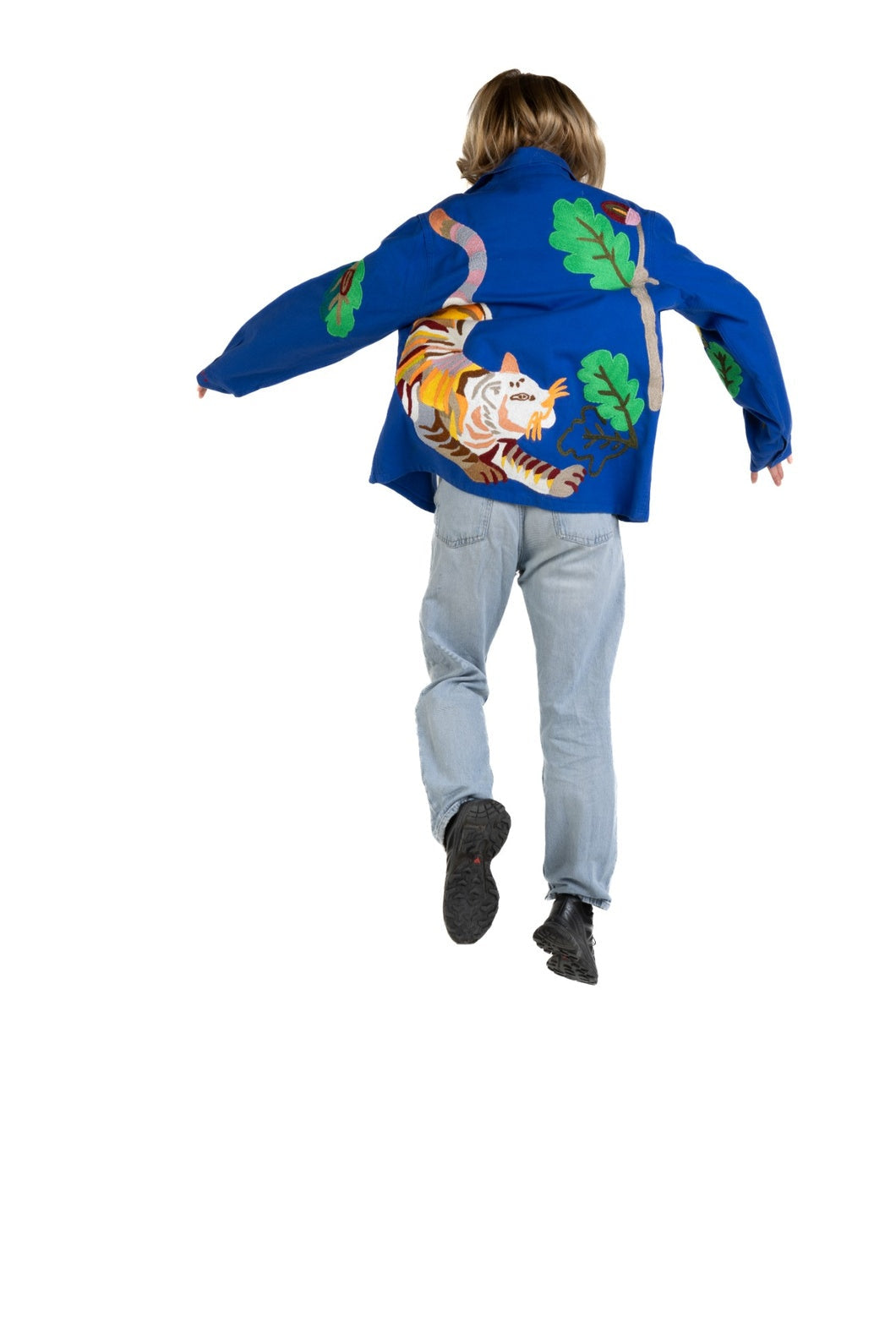 Bleu de Travail vintage French workwear jacket by Kilometre Paris, hand-embroidered with birds and flowers, part of the House of Nomad Stories selection.