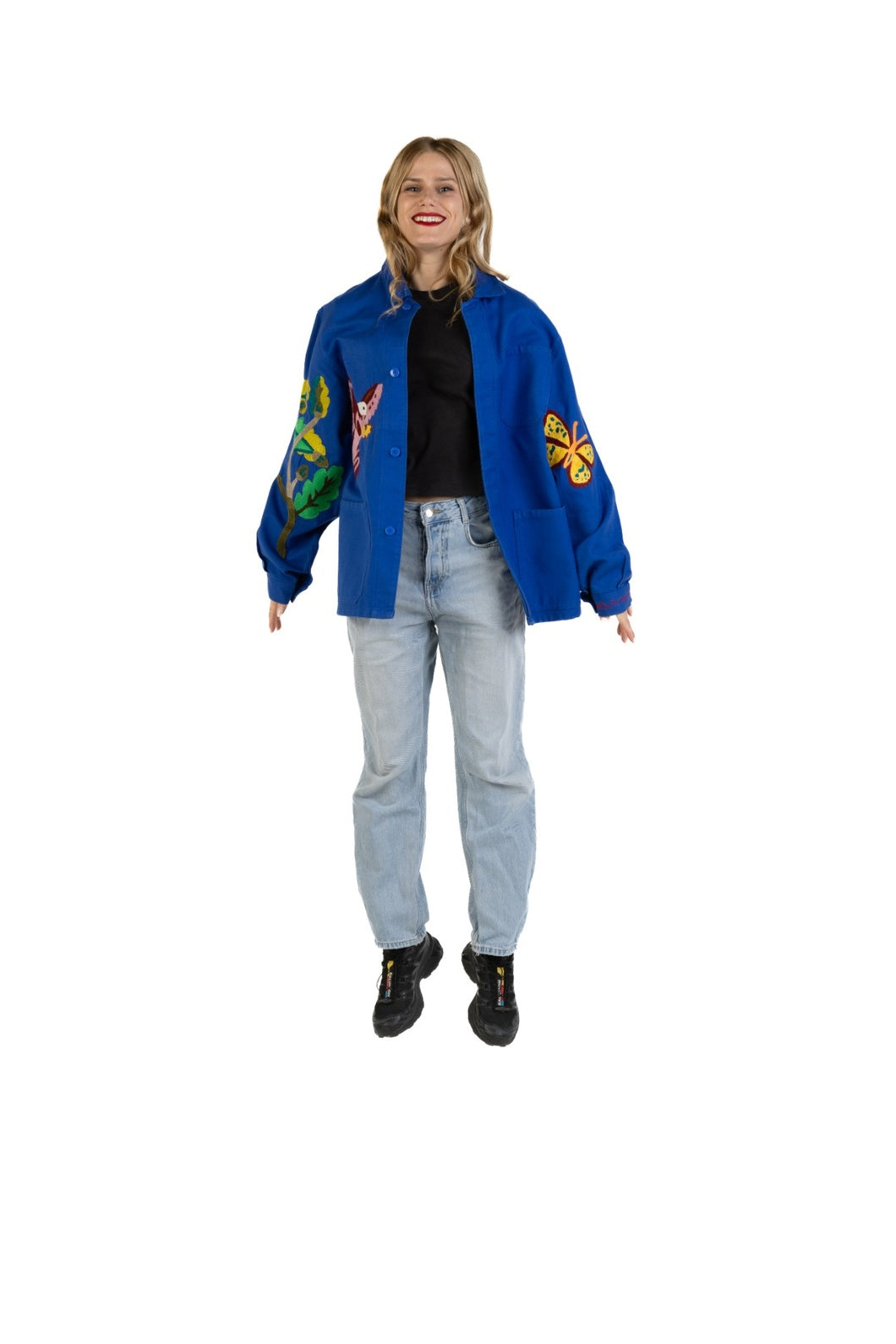 Bleu de Travail vintage French workwear jacket by Kilometre Paris, hand-embroidered with birds and flowers, part of the House of Nomad Stories selection.