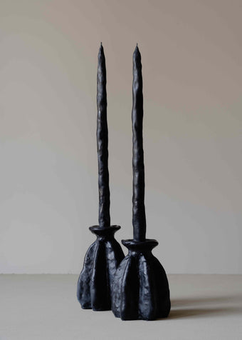 Carambola High in Black by Oberflacht, handcrafted beeswax candle holder with matching twig candle and sculptural matte finish.
