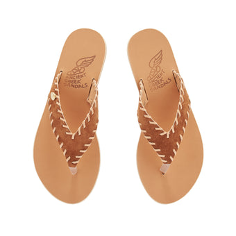 Charys Stitch Crosta Sandals in rust suede by Ancient Greek Sandals, handmade in Greece with hand-stitched detail and metal charm, part of the House of Nomad Stories selection