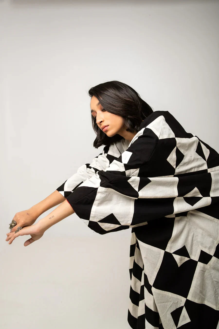 Doma Cotton Jacket by Ka-Sha, oversized with geometric applique patterns. Hand-dyed cotton, open front, sustainable craftsmanship. Perfect for mindful fashion. Shop now.