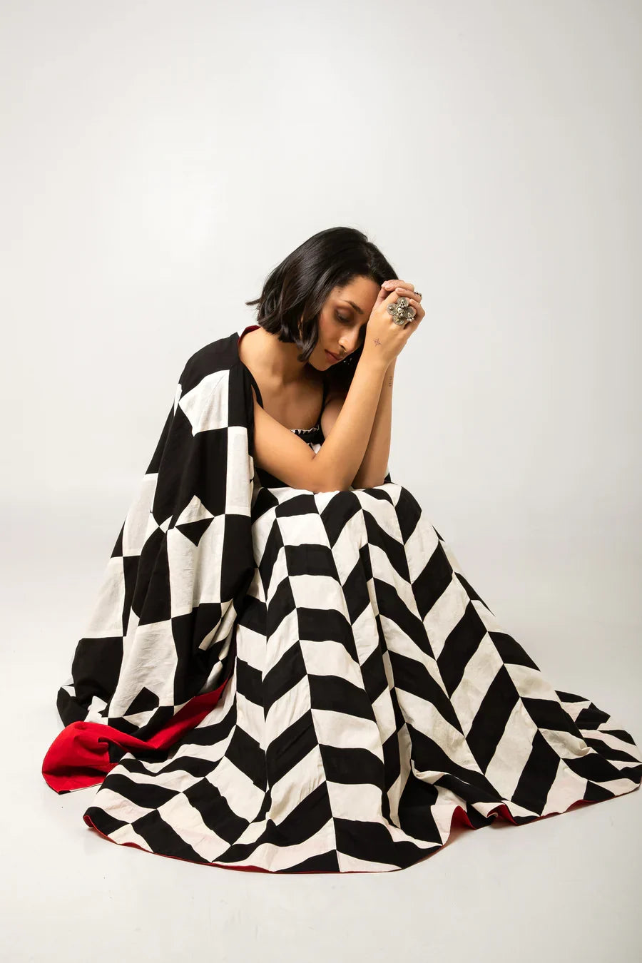 Doma Cotton Jacket by Ka-Sha, oversized with geometric applique patterns. Hand-dyed cotton, open front, sustainable craftsmanship. Perfect for mindful fashion. Shop now.