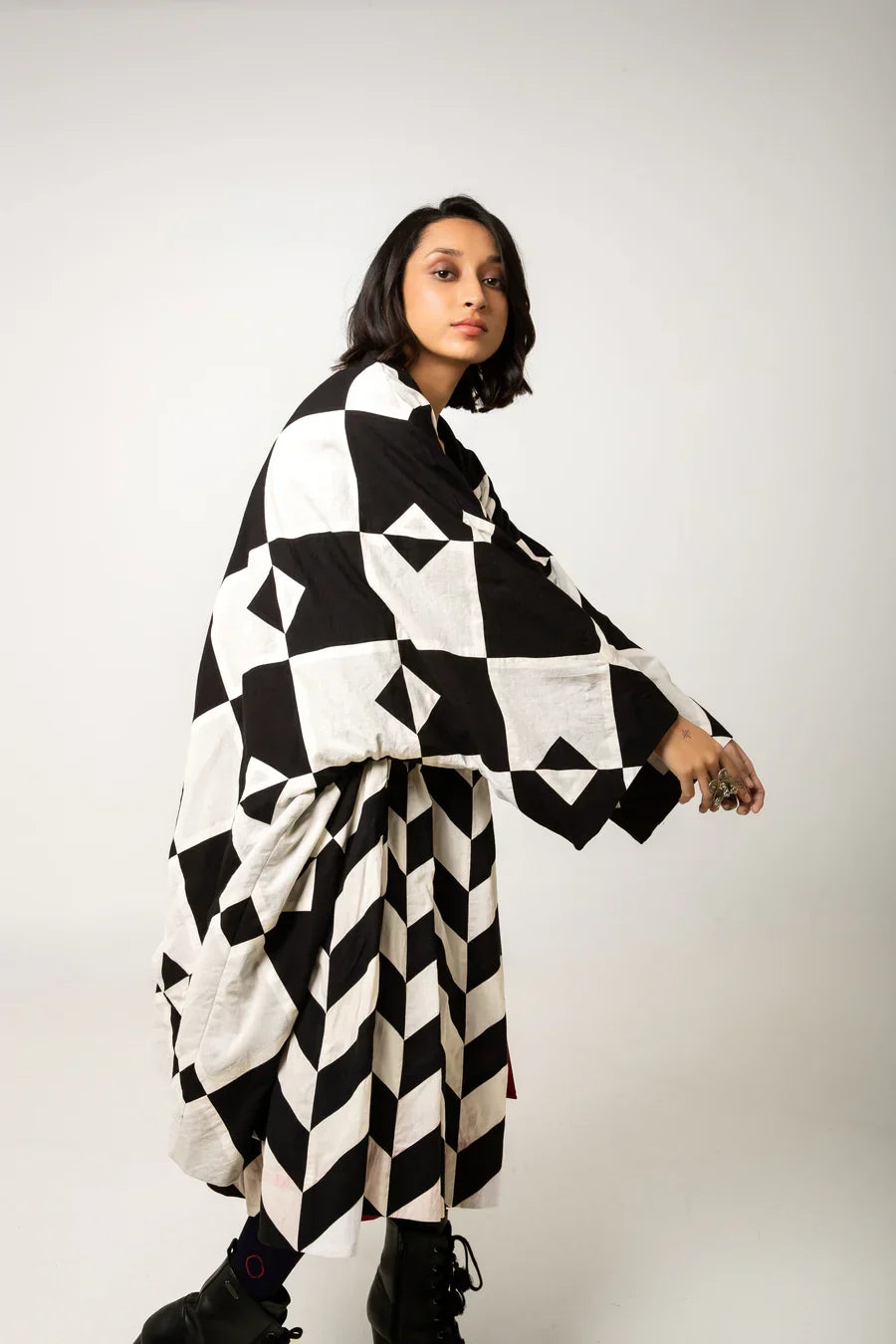 Doma Cotton Jacket by Ka-Sha, oversized with geometric applique patterns. Hand-dyed cotton, open front, sustainable craftsmanship. Perfect for mindful fashion. Shop now.
