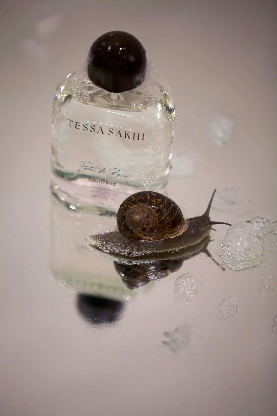 Bottle of Forêt de bois – Eau d’Hiver by Tessa Sakhi, a unisex woody and spicy Eau de Parfum with notes of juniper, cedar, tobacco, and ambergris. A sophisticated and mysterious fragrance curated by House of Nomad Stories.