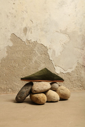 Green Taupe Suede Baboush by House of Nomad Stories, handmade in Marrakesh from soft suede leather with a cushioned sole and understated earthy green taupe finish.