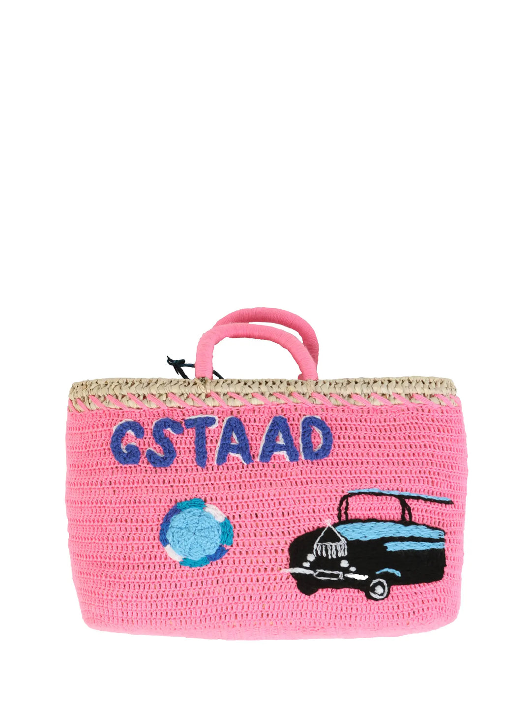 Diamond & Rolls Undercover basket bag by Kilometre Paris, curated by House of Nomad Stories, featuring pink crochet, blue Gstaad lettering and vintage car embroidery on handwoven straw, inspired by winter glamour and travel
