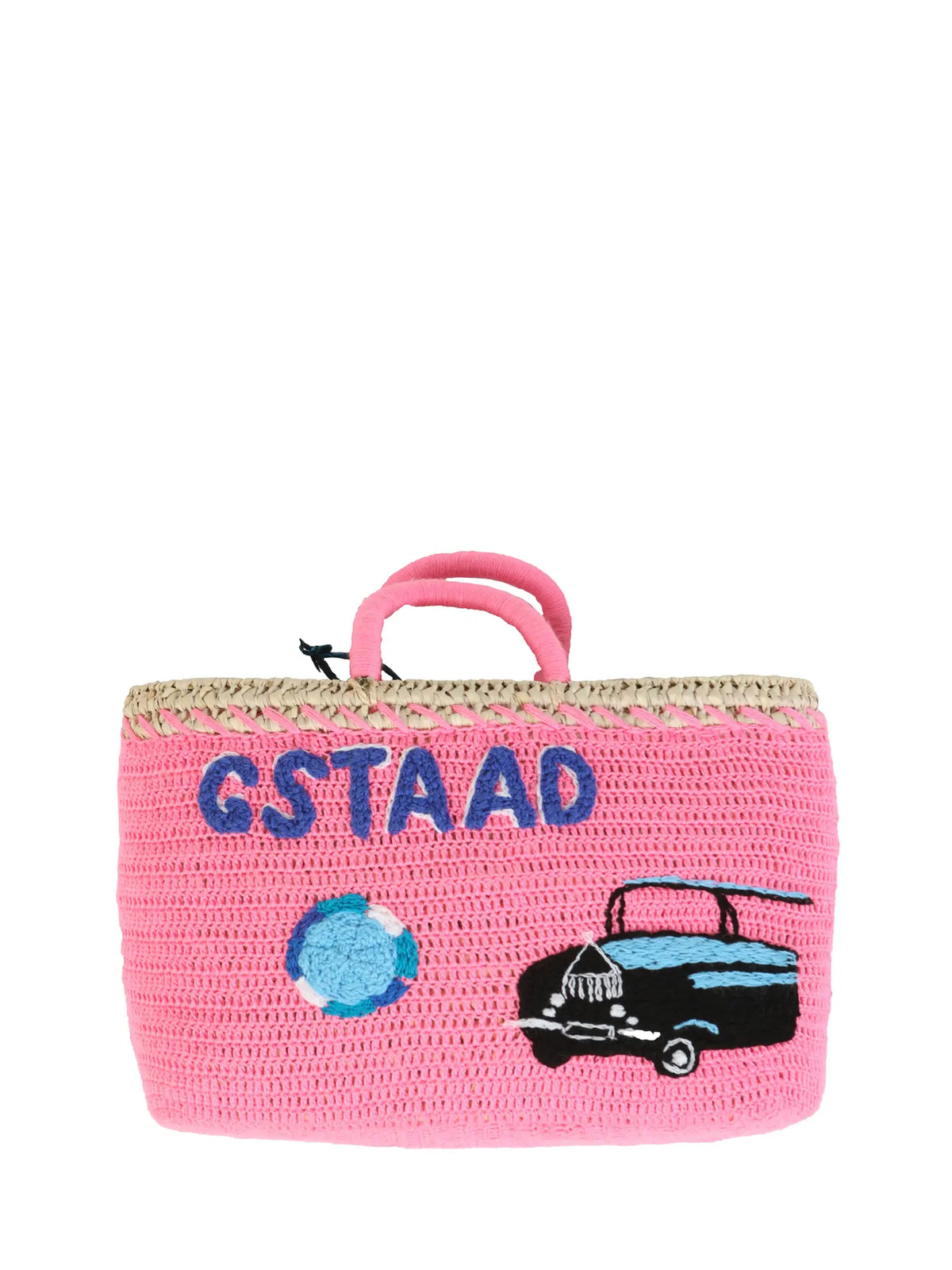 Diamond & Rolls Undercover basket bag by Kilometre Paris, curated by House of Nomad Stories, featuring pink crochet, blue Gstaad lettering and vintage car embroidery on handwoven straw, inspired by winter glamour and travel