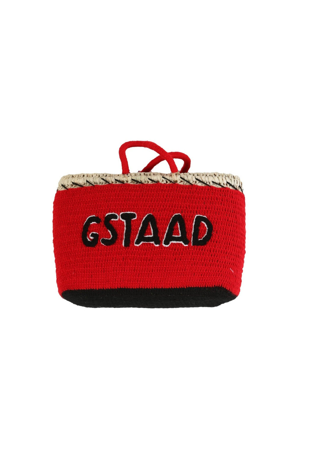 Eleonora & Bijou Undercover basket bag by Kilometre Paris, curated by House of Nomad Stories, featuring red crochet with embroidered winter figures and dog motif on handwoven straw, inspired by Gstaad, travel, and playful craftsmanship