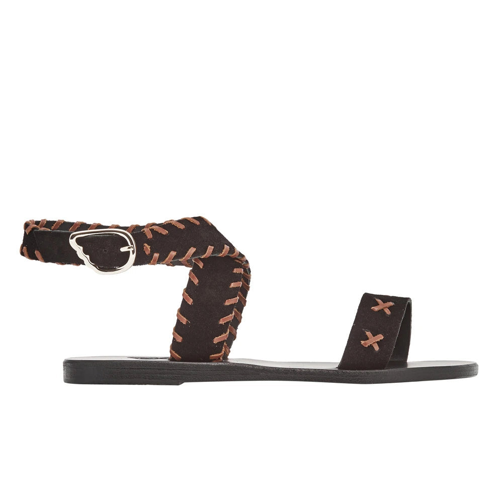 Ifigenia Stitch Sandals in black and brown suede by Ancient Greek Sandals, handmade in Greece with whip stitch detail, part of the House of Nomad Stories selection