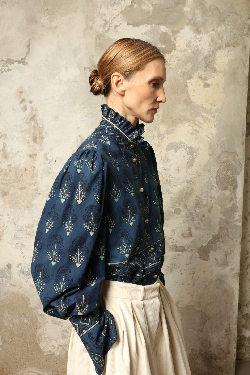 Karin Pure Organic Cotton Blouse with Volant by House of Nomad Stories, made in Italy from 100% organic cotton with traditional Ajrakh block printing, natural indigo dye, black and white accents, and a feminine volant detail.