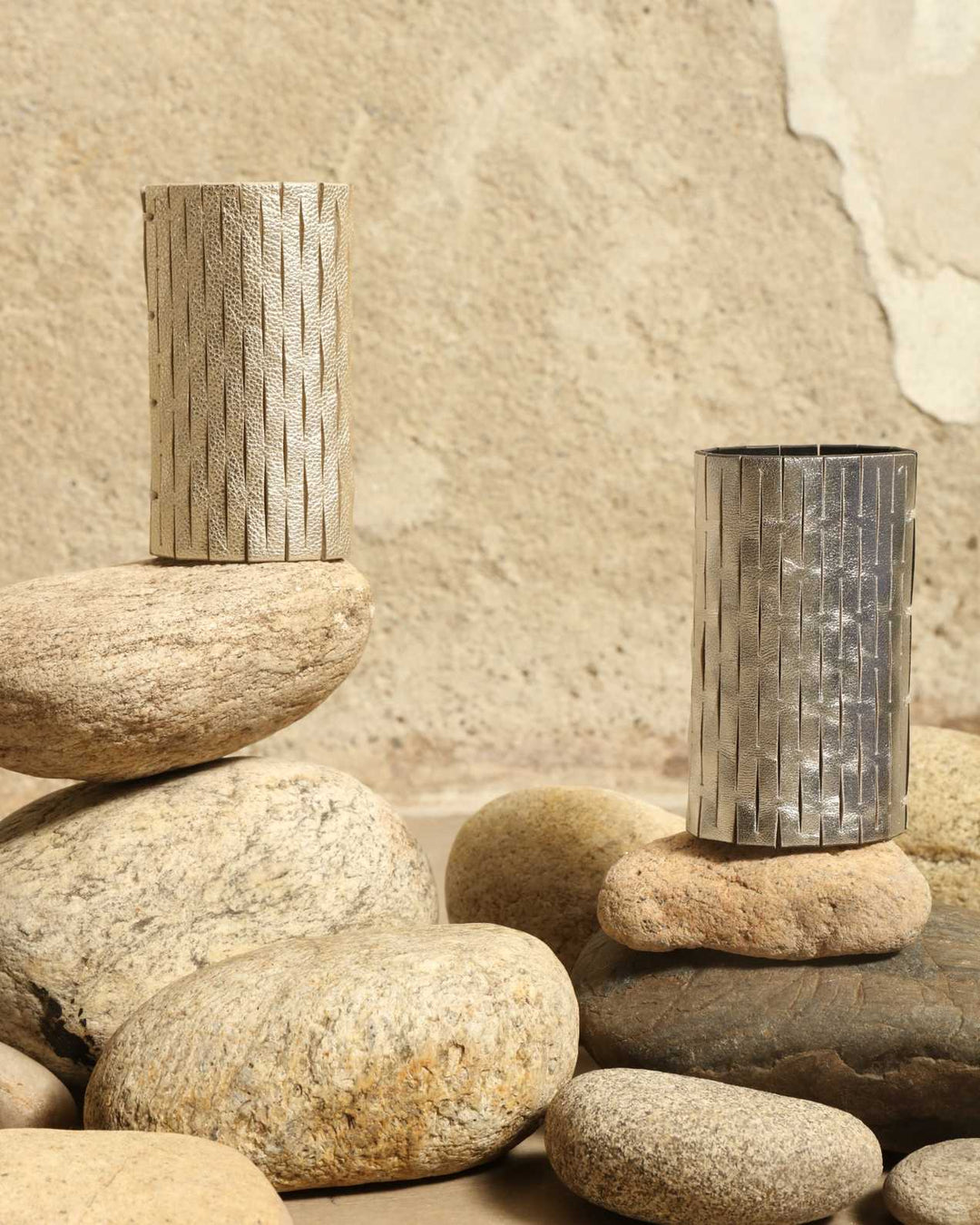 Leila Silver Bangle by SO-LE STUDIO, part of the curated selection at House of Woven Stories, handcrafted in Italy from upcycled Ferragamo leather with a mirrored silver finish, sculptural silhouette, and minimalist sustainable design.