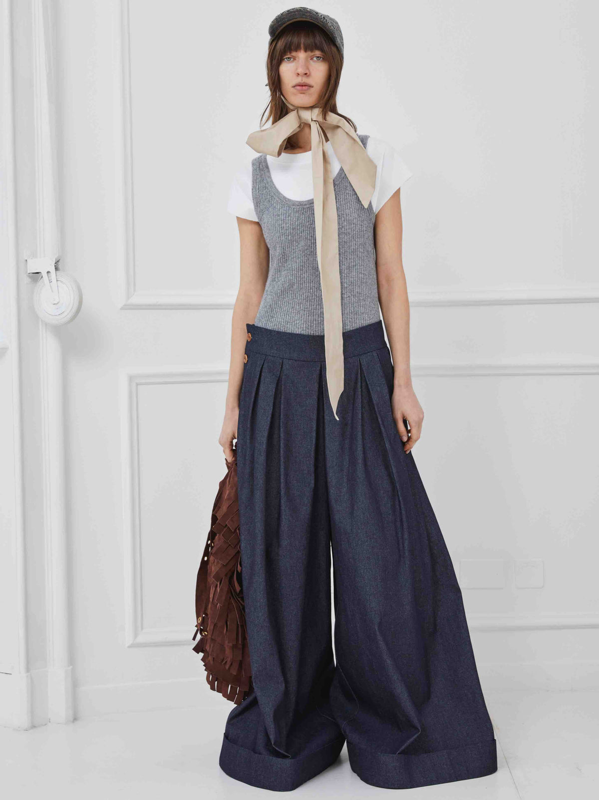 Ceci Blue Denim Pant by Maison Jejia in a deep blue wash, featuring a wide-leg silhouette, front zipper closure, belt loops and practical side pockets.
