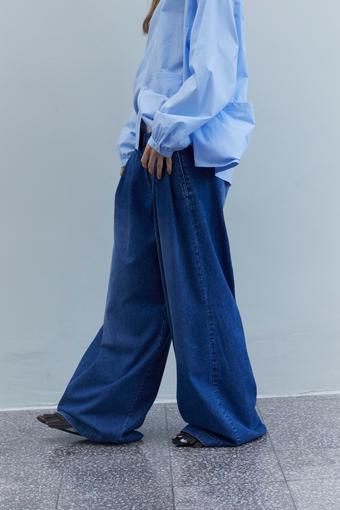 Katherine Washed Blue Denim Cotton Pant by Maison Jejia, front view showing the wide-leg silhouette, deep washed blue denim and tailored waist.