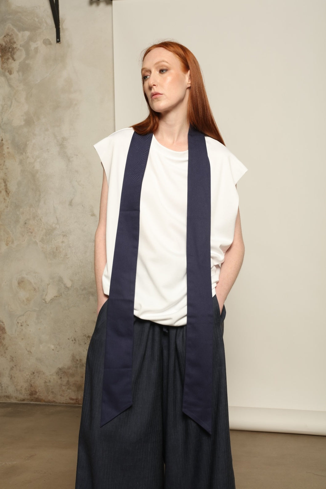 Over Tie White T-Shirt by Maison Jejia in soft Italian cotton, featuring a relaxed silhouette, sculpted shoulders and an elongated tonal tie detail.