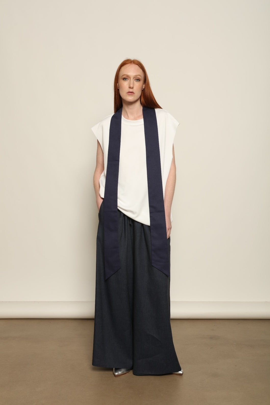 Over Tie White T-Shirt by Maison Jejia in soft Italian cotton, featuring a relaxed silhouette, sculpted shoulders and an elongated tonal tie detail.