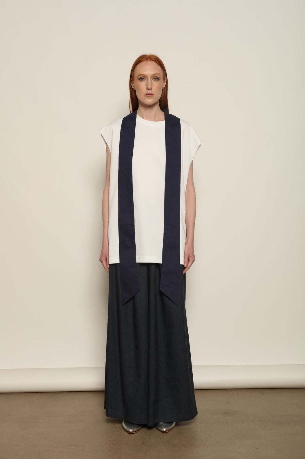 Over Tie White T-Shirt by Maison Jejia in soft Italian cotton, featuring a relaxed silhouette, sculpted shoulders and an elongated tonal tie detail.