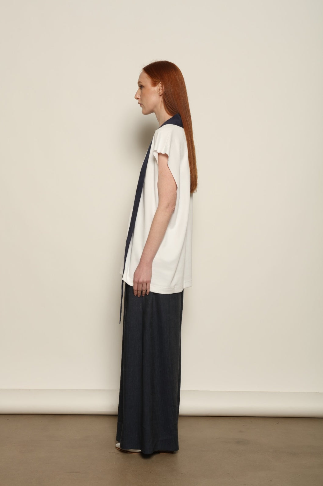 Over Tie White T-Shirt by Maison Jejia in soft Italian cotton, featuring a relaxed silhouette, sculpted shoulders and an elongated tonal tie detail.