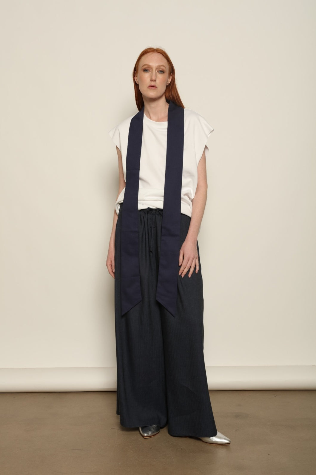 Over Tie White T-Shirt by Maison Jejia in soft Italian cotton, featuring a relaxed silhouette, sculpted shoulders and an elongated tonal tie detail.