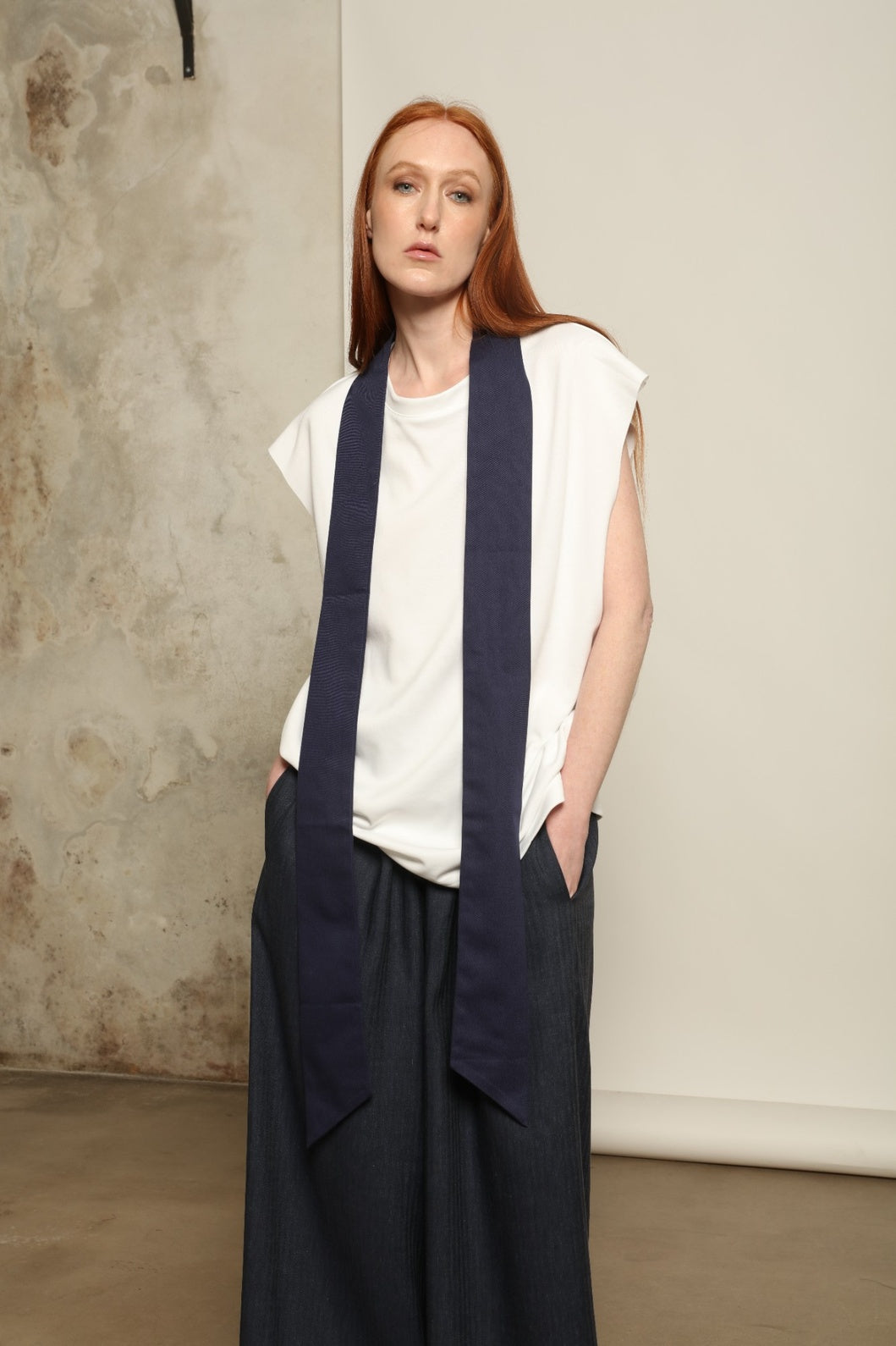 Over Tie White T-Shirt by Maison Jejia in soft Italian cotton, featuring a relaxed silhouette, sculpted shoulders and an elongated tonal tie detail.