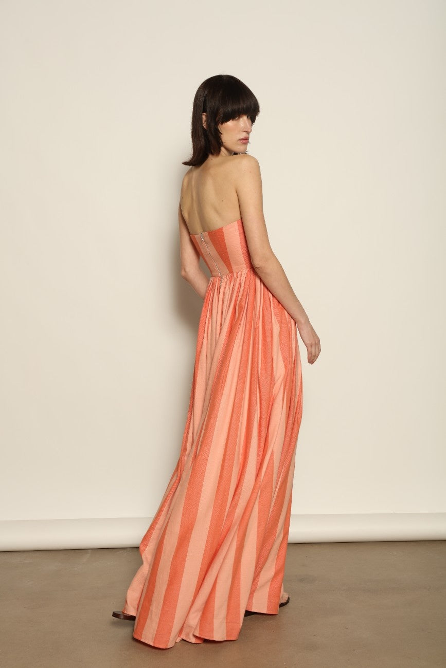 Corset Maxi Dress by Marrakshi Life in hand-loomed cotton, featuring a fitted sculptural bodice, expansive flowing skirt and architectural silhouette woven by hand in Marrakech.
