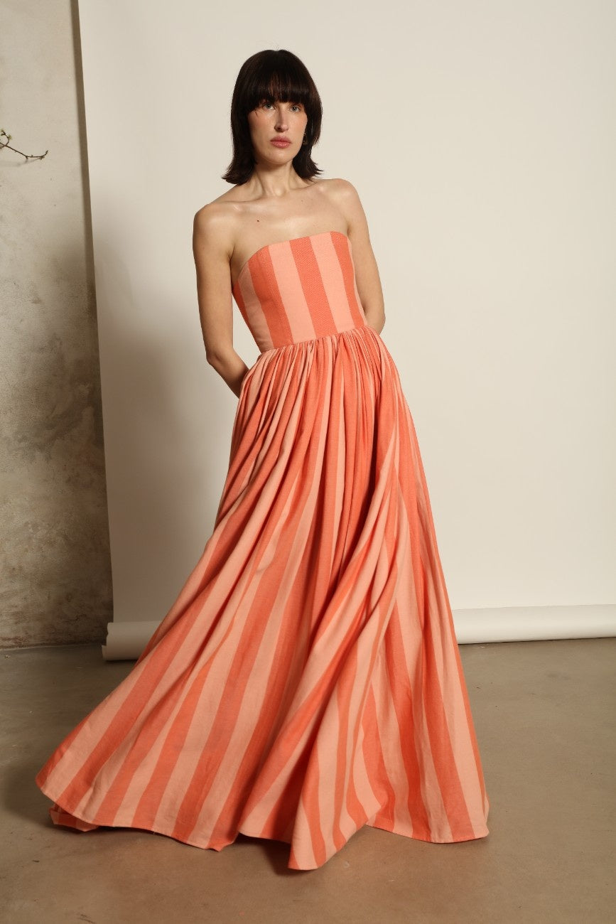 Corset Maxi Dress by Marrakshi Life in hand-loomed cotton, featuring a fitted sculptural bodice, expansive flowing skirt and architectural silhouette woven by hand in Marrakech.