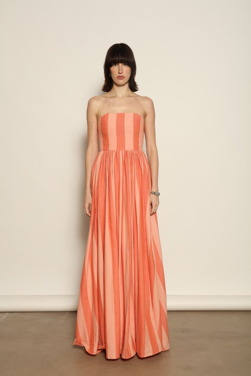 Corset Maxi Dress by Marrakshi Life in hand-loomed cotton, featuring a fitted sculptural bodice, expansive flowing skirt and architectural silhouette woven by hand in Marrakech.