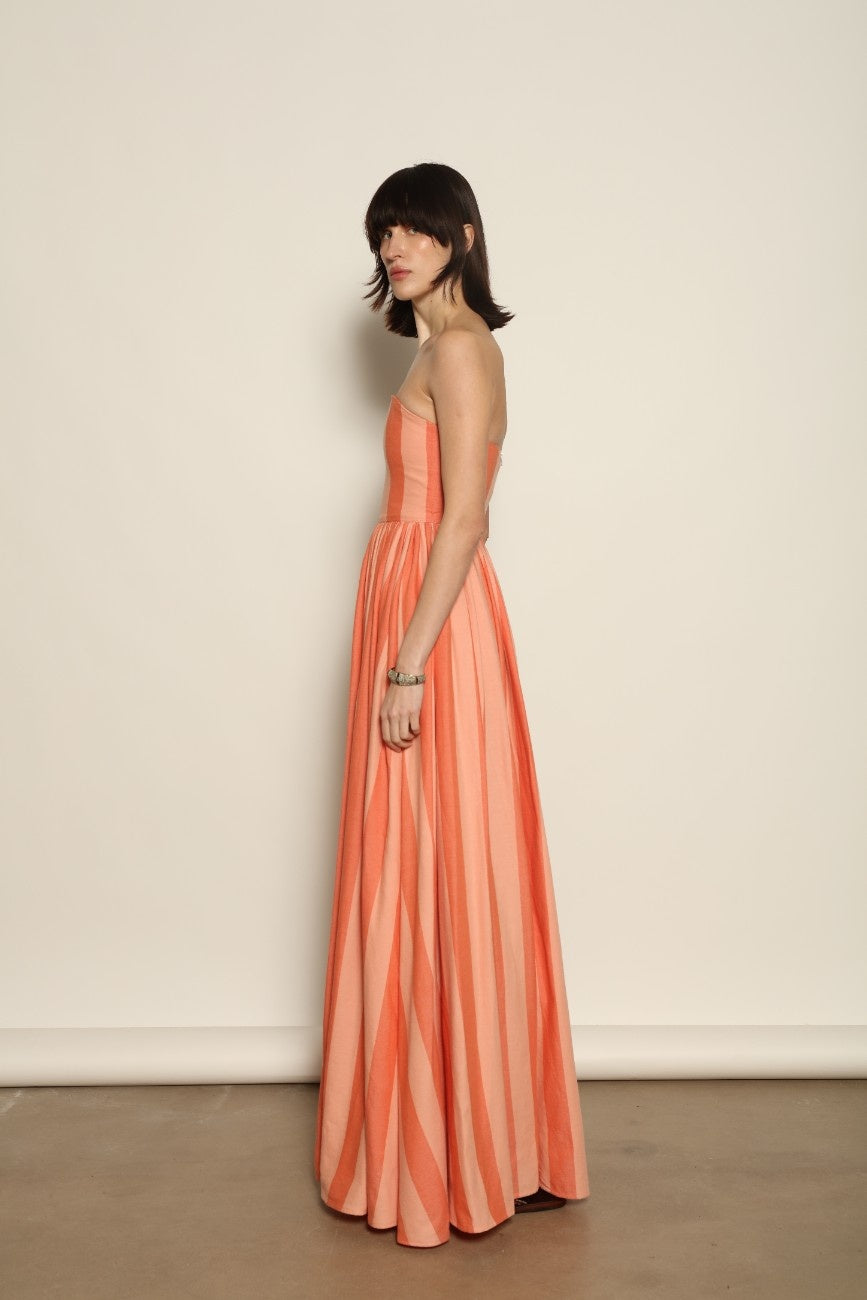 Corset Maxi Dress by Marrakshi Life in hand-loomed cotton, featuring a fitted sculptural bodice, expansive flowing skirt and architectural silhouette woven by hand in Marrakech.