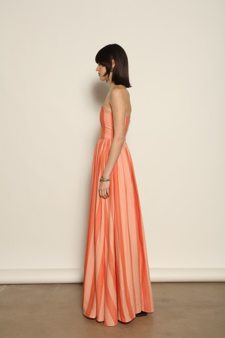 Corset Maxi Dress by Marrakshi Life in hand-loomed cotton, featuring a fitted sculptural bodice, expansive flowing skirt and architectural silhouette woven by hand in Marrakech.
