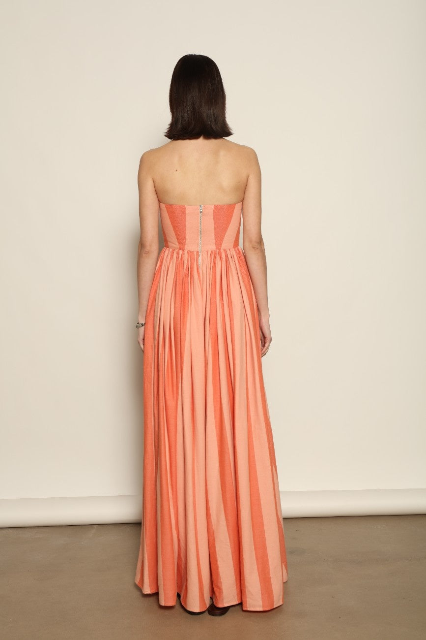 Corset Maxi Dress by Marrakshi Life in hand-loomed cotton, featuring a fitted sculptural bodice, expansive flowing skirt and architectural silhouette woven by hand in Marrakech.