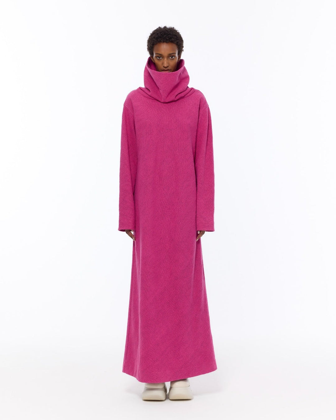 Cowl Neck Berry Bouclé Dress by Marrakshi Life, made in Marrakesh from soft cotton bouclé with a rich berry tone, sculptural cowl neckline, long sleeves and a relaxed flowing silhouette.