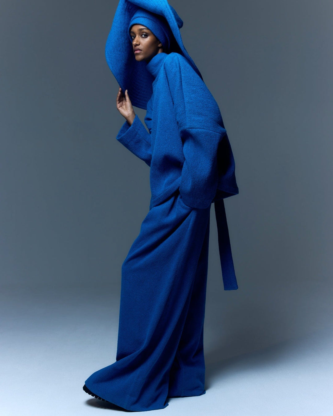 French Blue Bouclé Sweater by Marrakshi Life with a soft textured surface, relaxed fit and rich French blue colour.