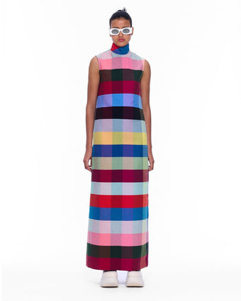 Sleeveless Tank Dress by Marrakshi Life, handwoven in Marrakesh with a multicolour plaid pattern, high neckline, sleeveless cut and long straight silhouette.