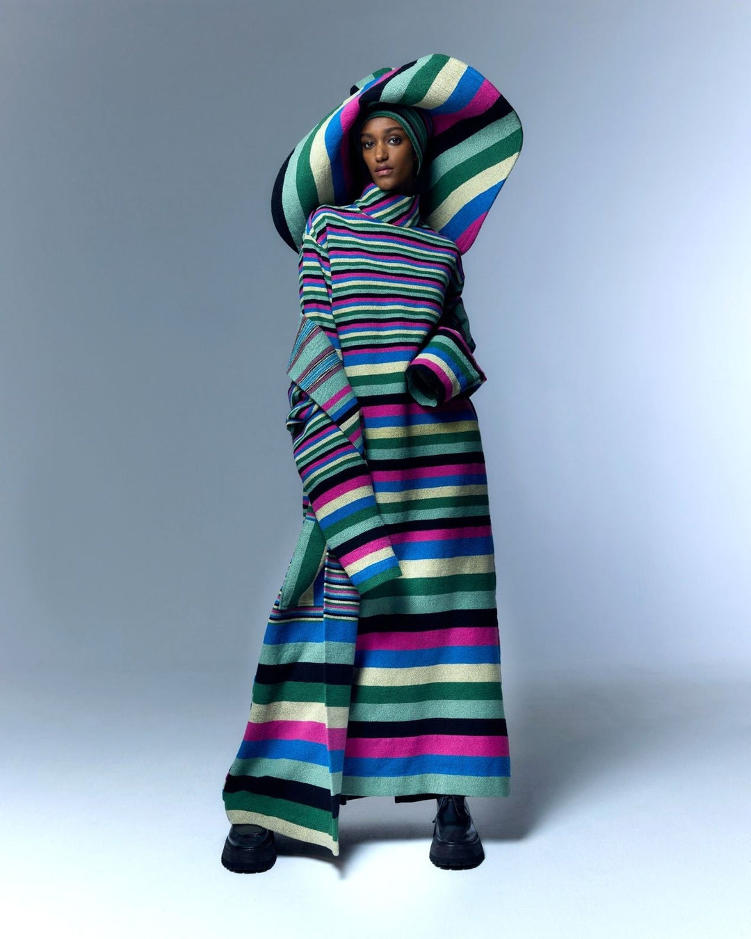 Turtleneck Multicolor Bouclé Dress by Marrakshi Life, handcrafted in Marrakesh from plush cotton bouclé with handwoven multicolour stripes, a tall turtleneck and a relaxed flowing silhouette.
