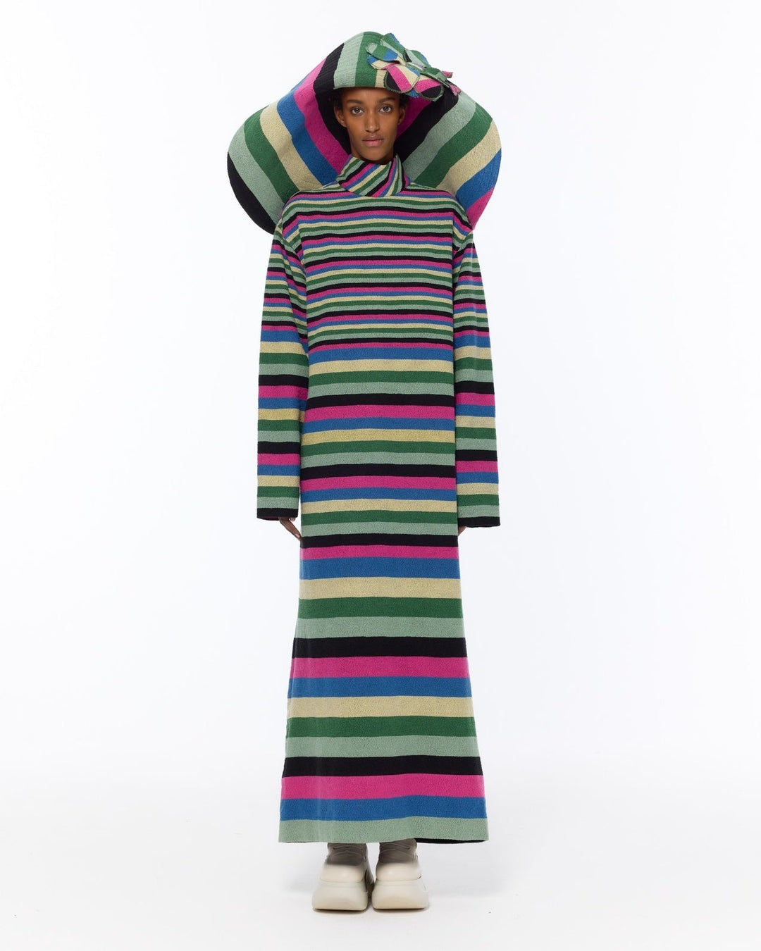 Turtleneck Multicolor Bouclé Dress by Marrakshi Life, handcrafted in Marrakesh from plush cotton bouclé with handwoven multicolour stripes, a tall turtleneck and a relaxed flowing silhouette.