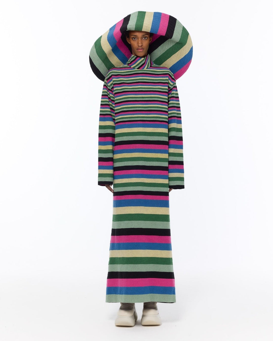 Turtleneck Multicolor Bouclé Dress by Marrakshi Life, handcrafted in Marrakesh from plush cotton bouclé with handwoven multicolour stripes, a tall turtleneck and a relaxed flowing silhouette.
