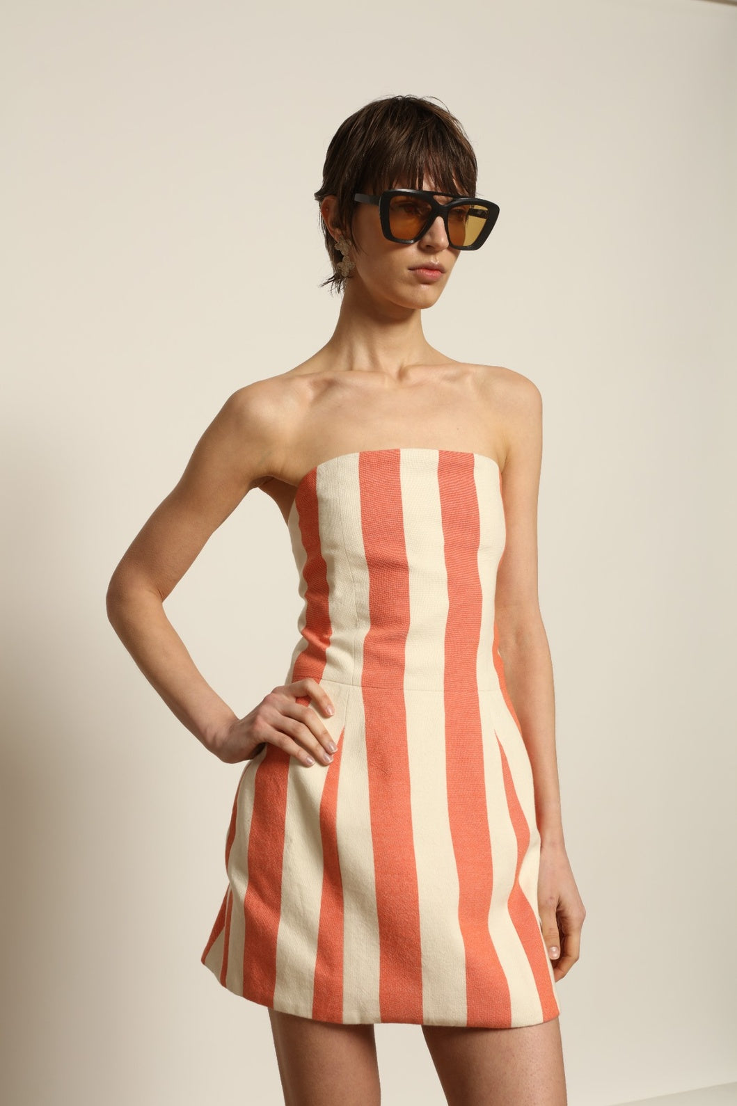 Sculpted Corset Dress by Marrakshi Life in handwoven cotton, featuring a strapless mini silhouette, sculpted darting and bold loom-woven stripes crafted in Morocco.